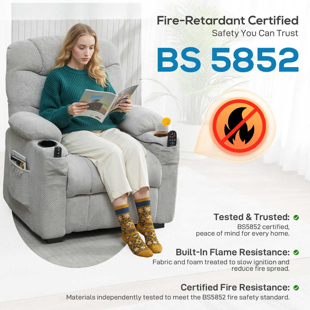 Electric Massage Recliner Armchair with Vibration, Heat, Whisper-Quiet Motor, Memory Function, Fleece Power Reclining Chair with Spring Pack, USB Port, Footrest, Side Pocket, Cup Holders