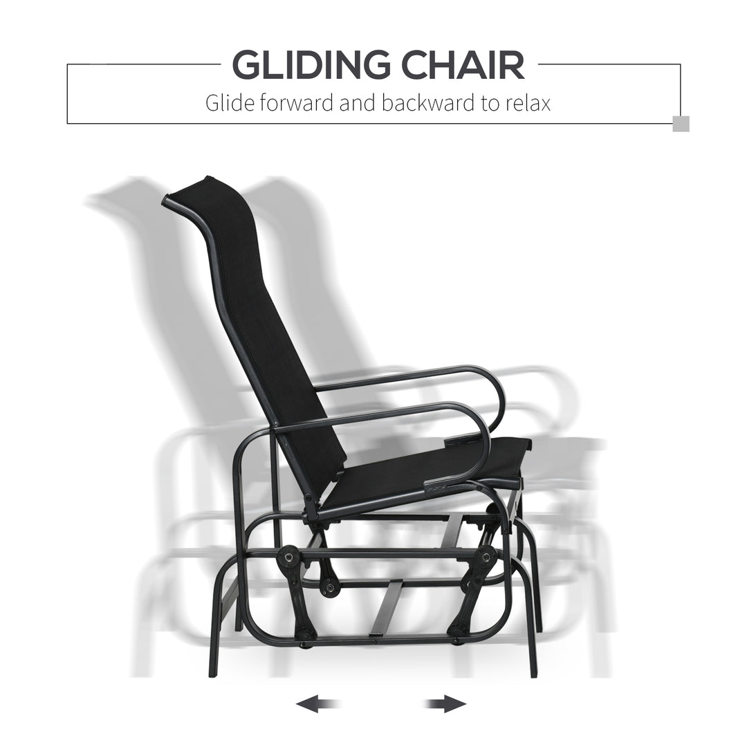 3 Pieces Garden Gliding Chair Set, Metal Frame 2 Single Armchair Swing Seater and 1 Glass Top Coffee Table w/ Breath Mesh Fabric Seat, Black