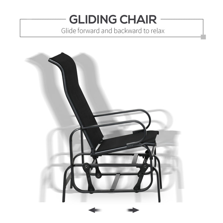 3 Pieces Garden Gliding Chair Set, Metal Frame 2 Single Armchair Swing Seater and 1 Glass Top Coffee Table w/ Breath Mesh Fabric Seat, Black