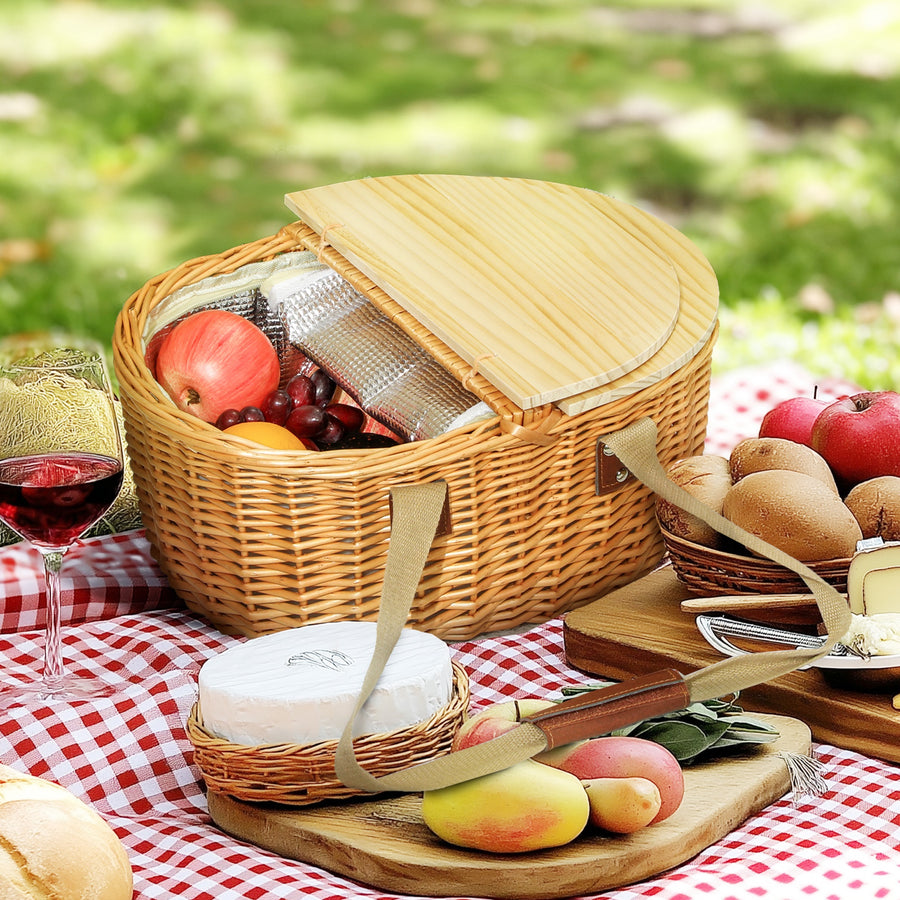 Wicker Picnic Basket for 2 with Pine Wood Lid, Picnic Hamper with Cooler Compartment, Cutlery Service Kits, Carry Handle for Camping, Outdoor, Valentine Day, Chirtmas, Birthday, Light Brown
