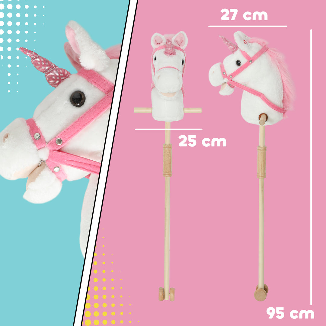 Unicorn Stick Horse with Wood Wheels, Real Pony Neighing and Galloping Sounds, Grip Handle, 95 cm