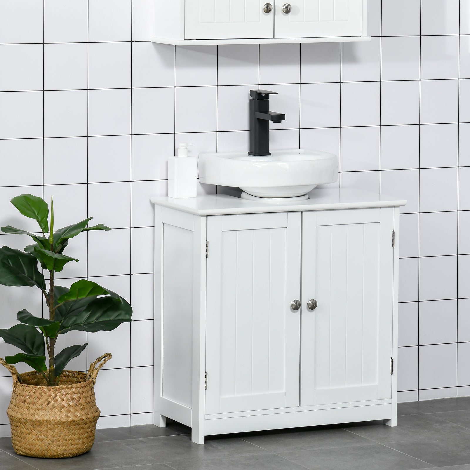 60x60cm Under-Sink Storage Cabinet w/ Adjustable Shelf Handles Drain Hole Bathroom Cabinet Space Saver Organizer White