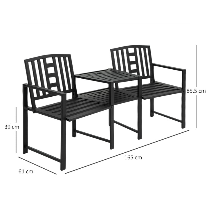2 Seat Garden Chair Bench Loveseats Jack and Jill Seat w/Coffee Table Slatted Design Patio Yard
