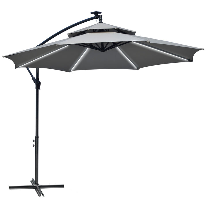 3(m) Cantilever Banana Parasol Hanging Umbrella with Double Roof, LED Solar lights, Crank, 8 Sturdy Ribs and Cross Base for Outdoor, Garden, Patio, Light Grey