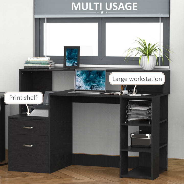 Computer Desk with Drawers and Storage Shelves, Office Desk Writing Table with Printer Stand, Large Workstation for Study Play Work Home Office, 137 x 55 x 92cm, Black