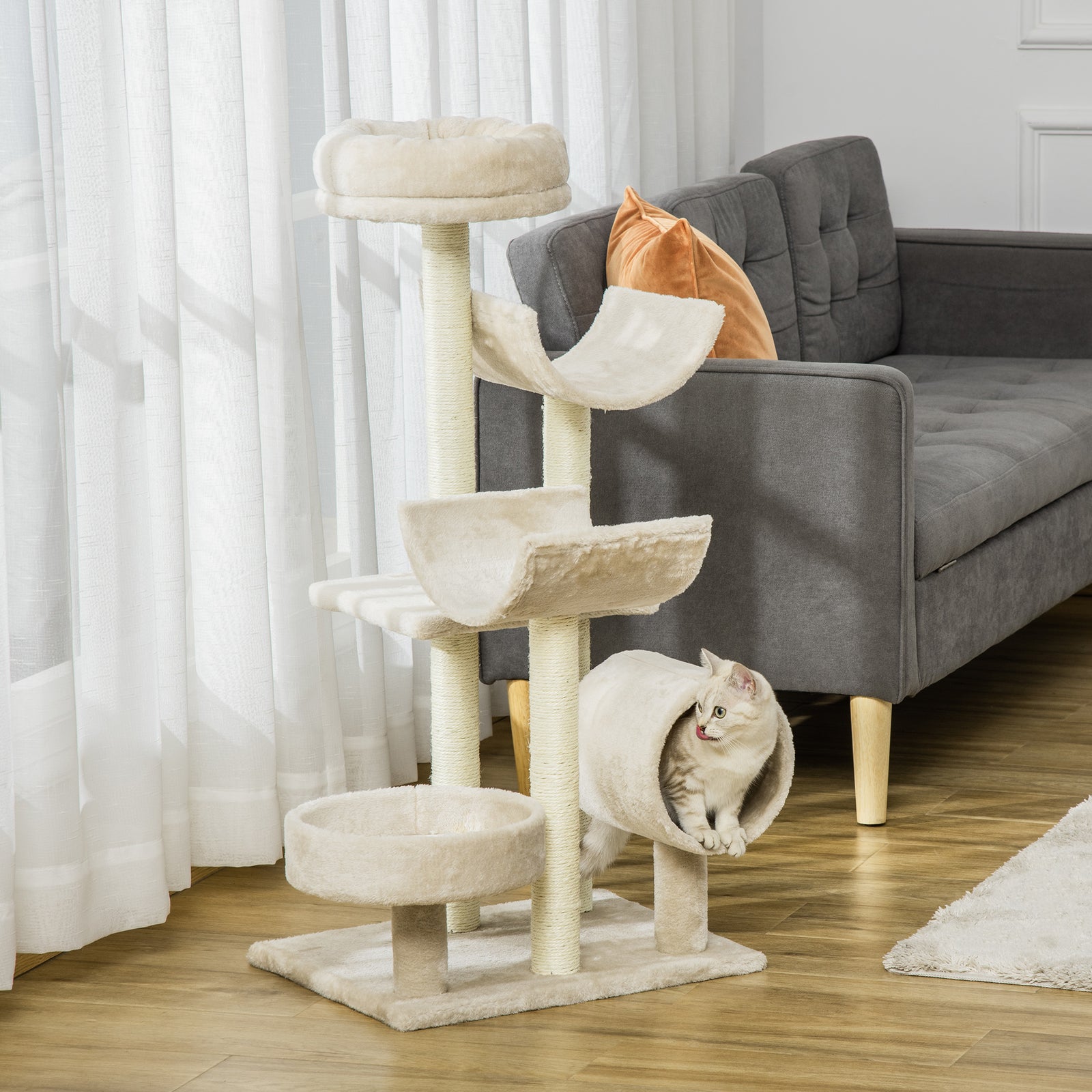 Cat Tree for Indoor Cats Kitten Pet Scratching Post Perch Activity Center Scratcher Climb Post Play House Arch with Tunnel 105cm Tall Beige