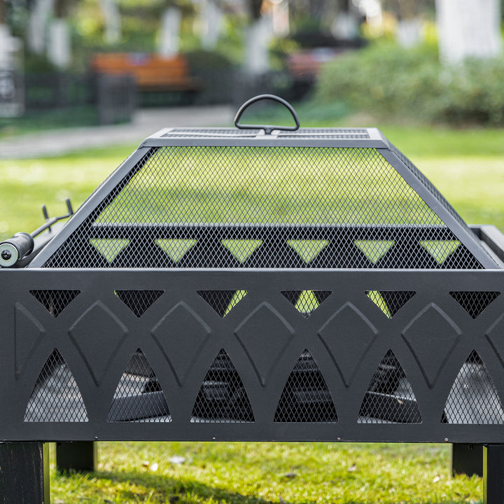 MCL 66cm Outdoor Fire Pit with Screen Cover, Wood Burner, Log Burning Firepit Bowl with Poker for Patio, Backyard, Black