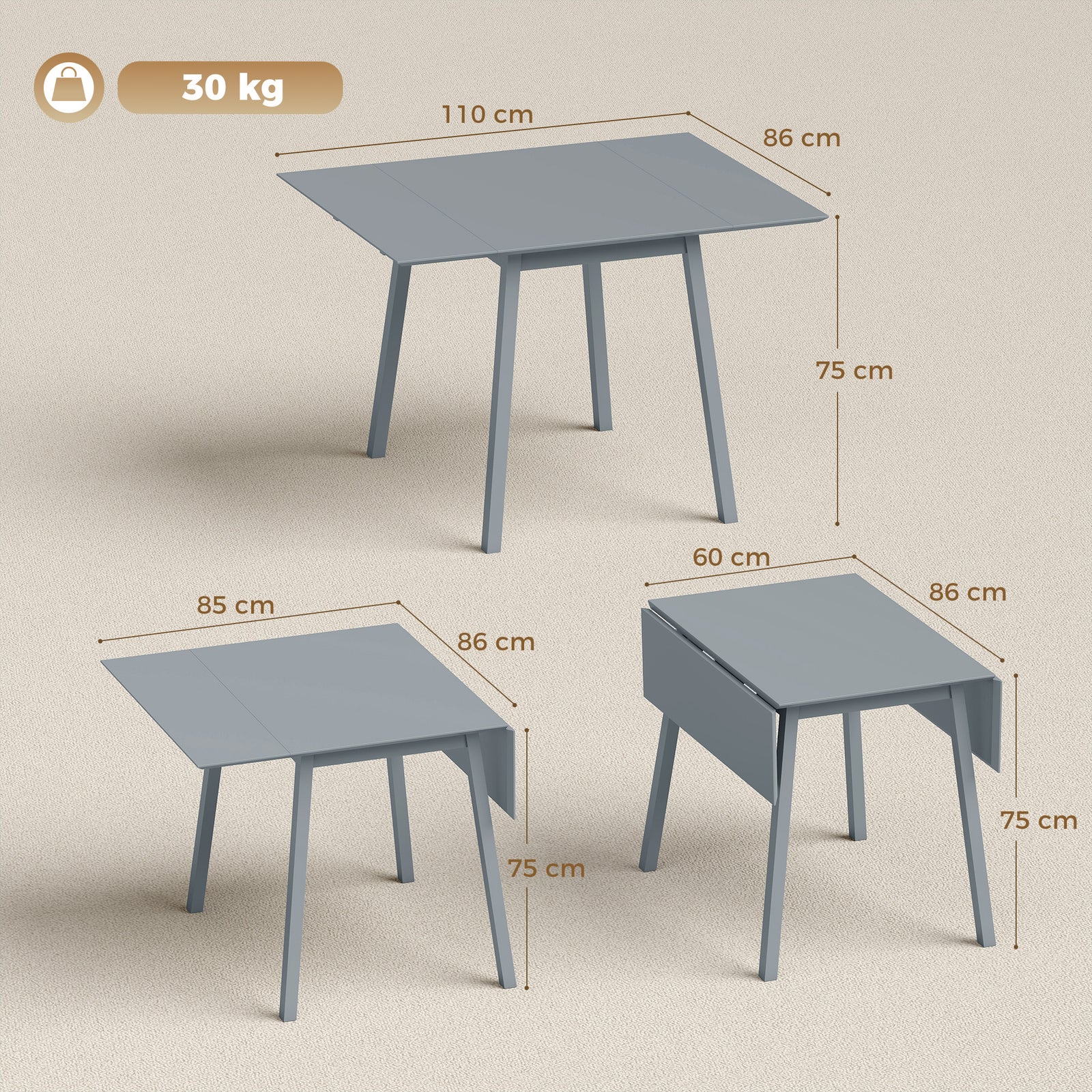 Solid Wood Folding Dining Table, Drop Leaf Table for 2-4 People, Recta