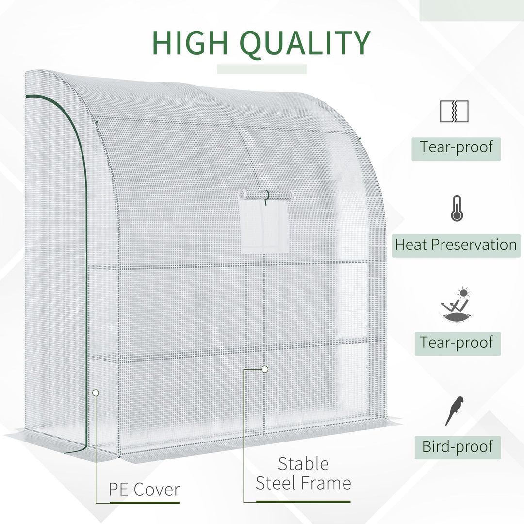 Walk-In Lean to Wall Greenhouse with Windows and Doors, Outdoor Green House with 3 Tiers 4 Wired Shelves, 200L x 100W x 215Hcm, White