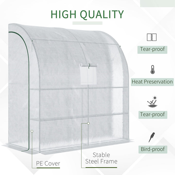 Walk-In Lean to Wall Greenhouse with Windows and Doors, Outdoor Green House with 3 Tiers 4 Wired Shelves, 200L x 100W x 215Hcm, White