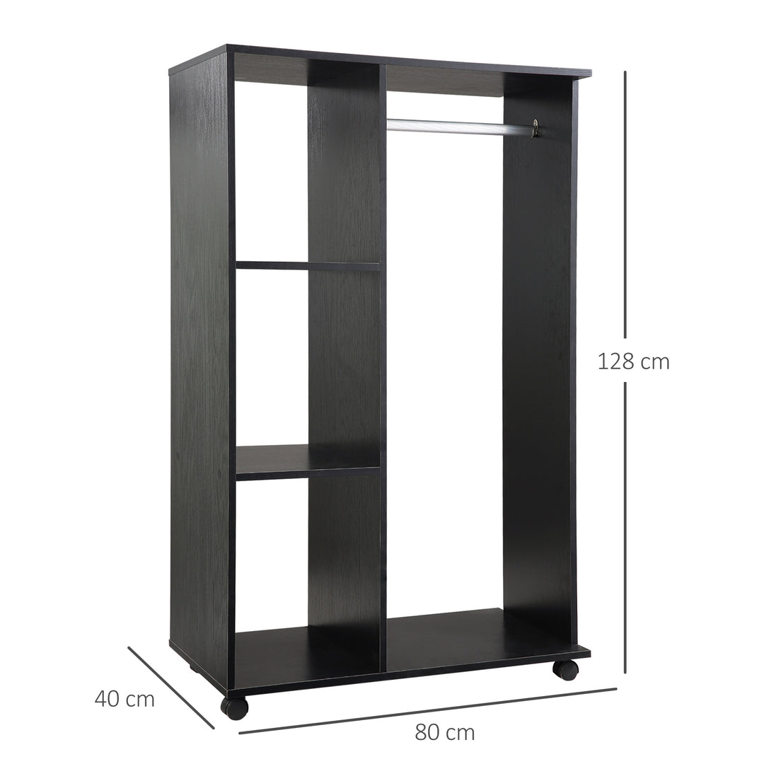 MCL Open Wardrobe on Wheels, Bedroom Wardrobe with Clothes Hanging Rail, 3 Storage Shelves, Mobile Garment Rack for Cloakroom, Hallway, Black
