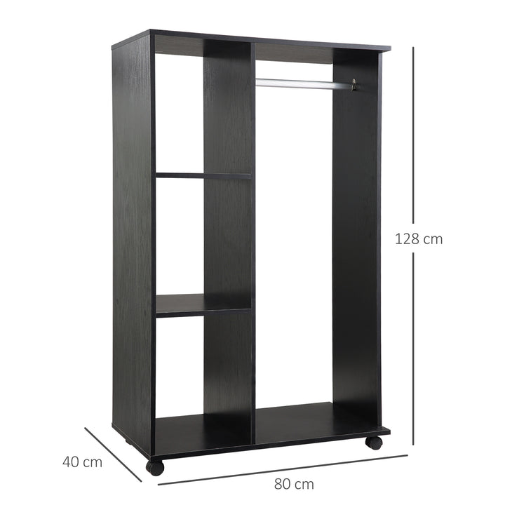 MCL Open Wardrobe on Wheels, Bedroom Wardrobe with Clothes Hanging Rail, 3 Storage Shelves, Mobile Garment Rack for Cloakroom, Hallway, Black