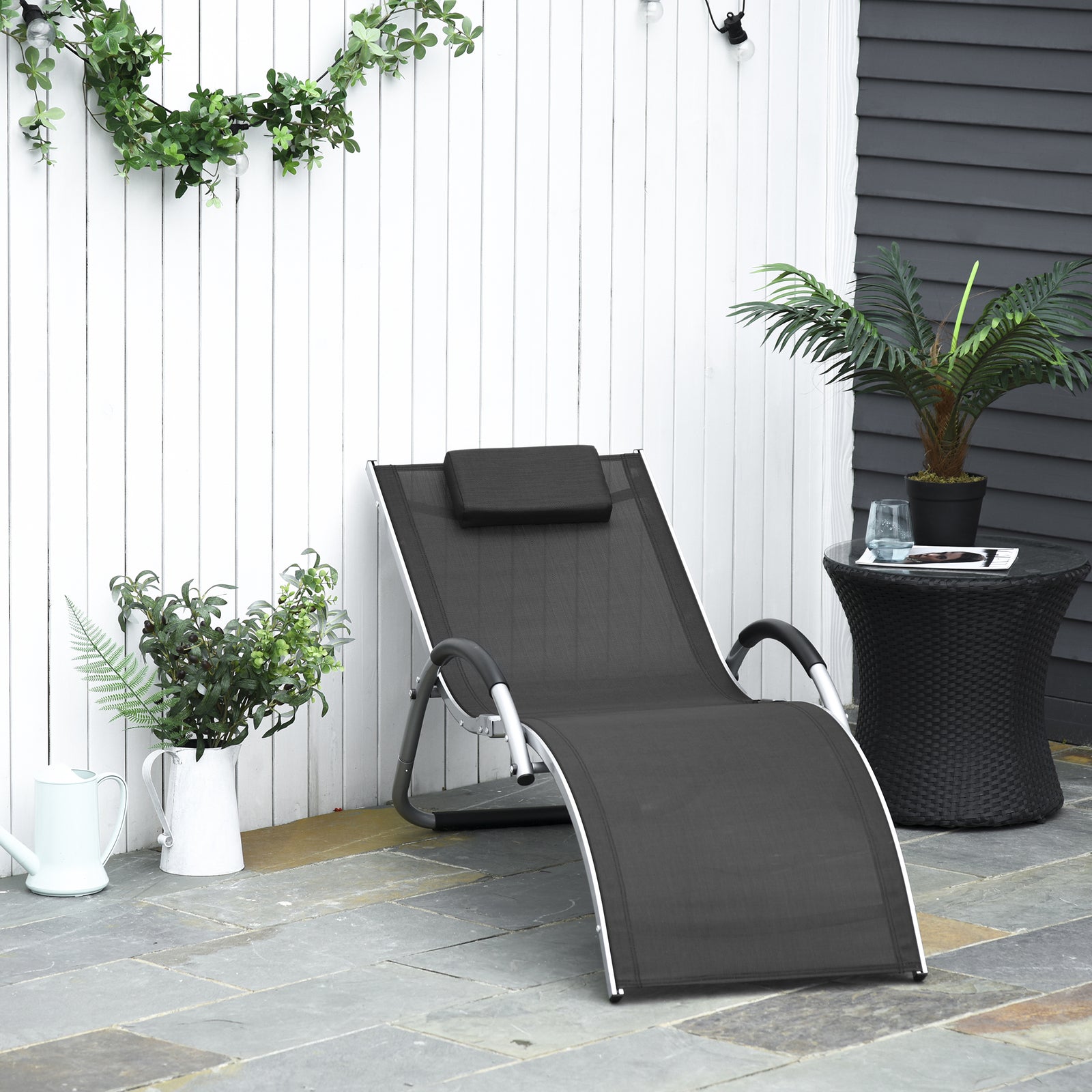 Sun Lounger Reclining Chair Portable Armchair with Pillow for Garden Patio Outside Aluminium Frame, Black