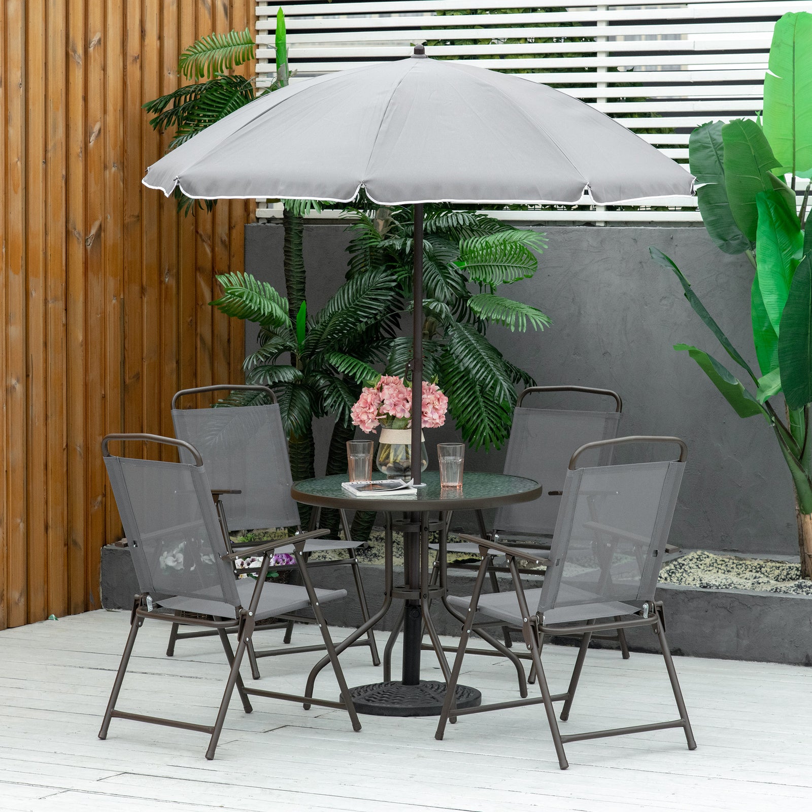 6 Piece Garden Dining Set with Umbrella, Outdoor Dining Sets with Parasol, 4 Folding Dining Chairs & Round Tempered Glass Table, Grey