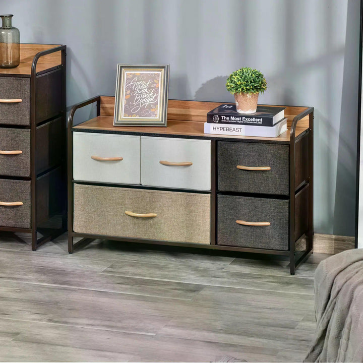 HOMCOM Fabric Dresser: 5-Drawer Linen Tower with Wooden Top, Bedroom & Hallway Storage, Slate Grey | Aosom UK