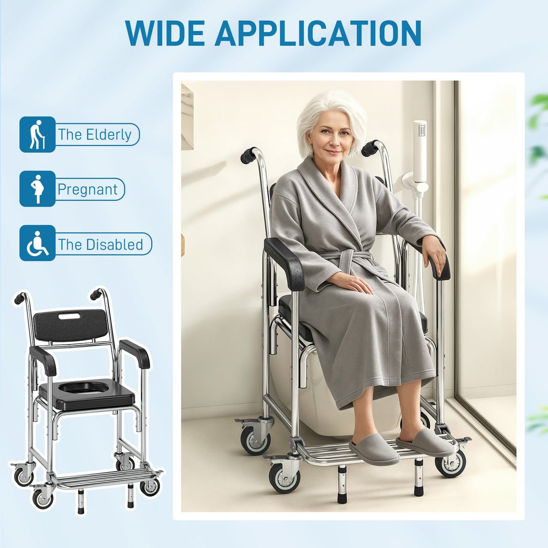 Transport Beside Shower Chair, 3-in-1 Commode Chair with Wheels and Pa