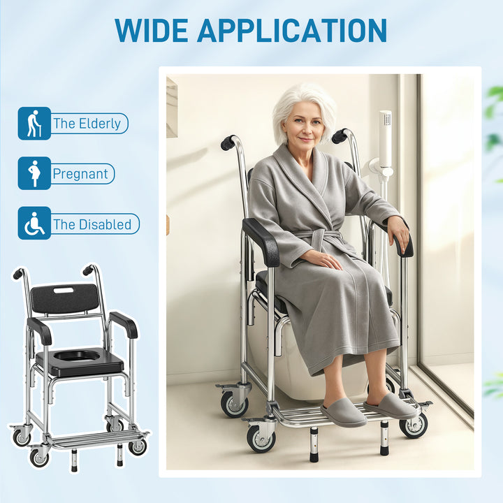 Transport Beside Shower Chair, 3-in-1 Commode Chair with Wheels and Pa