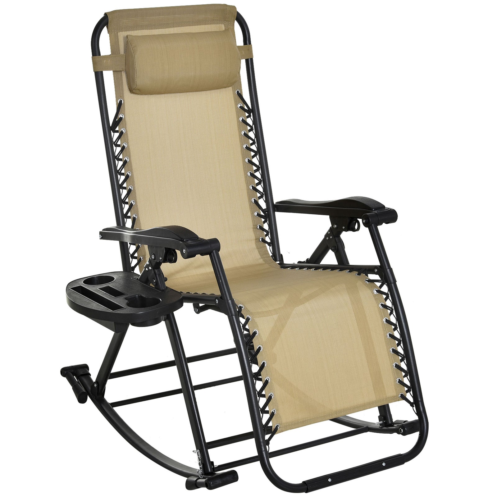 Garden Rocking Chair Folding Recliner Outdoor Adjustable Sun Lounger Rocker Zero-Gravity Seat with Headrest Side Holder Patio Deck - Beige