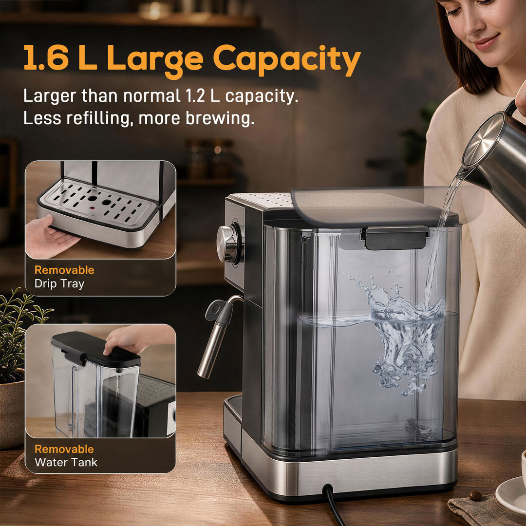 Espresso Machine, 20-Bar Cappuccino Coffee Maker with Frother Wand, 1.