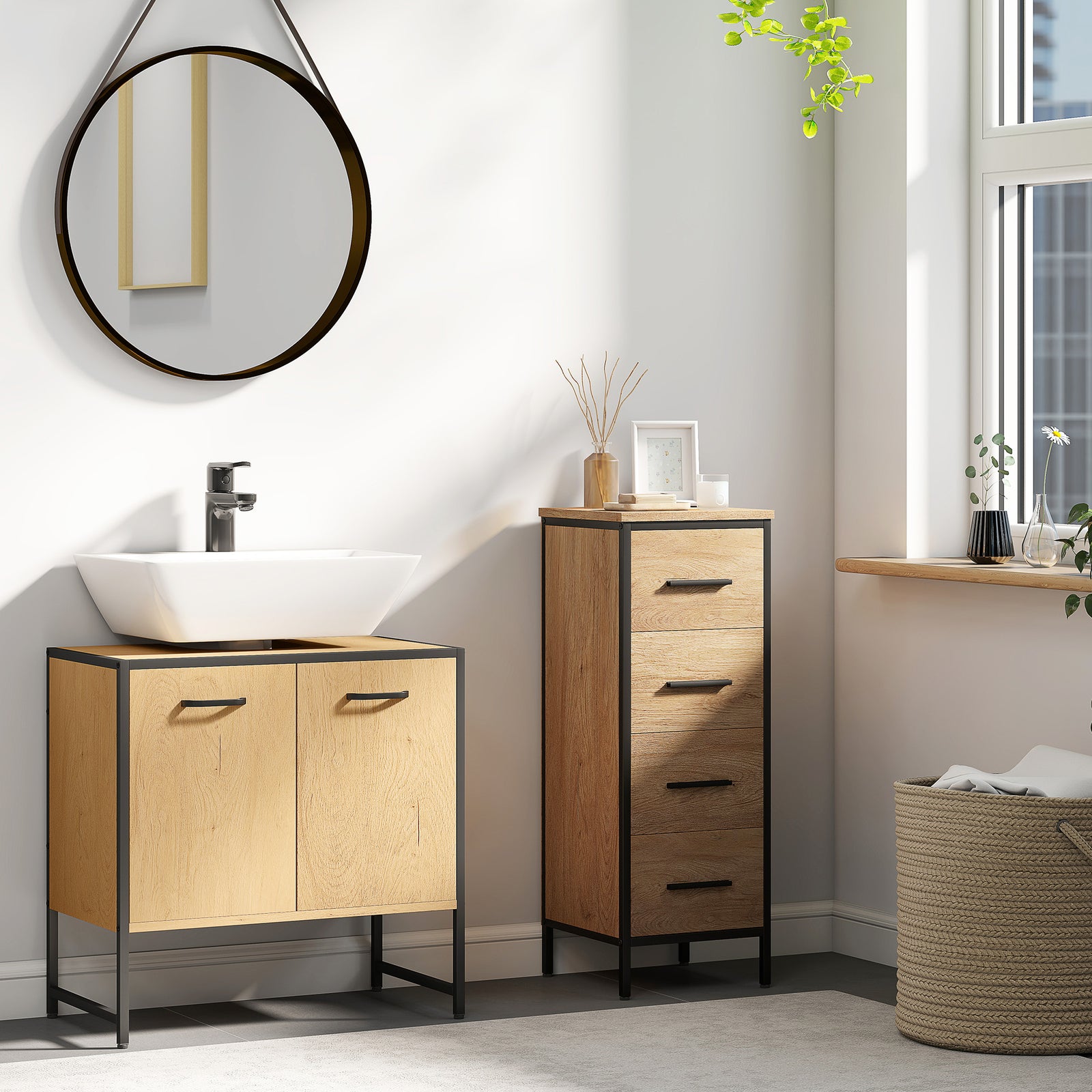 Bathroom Vanity Unit, Under Sink Storage Cabinet with Soft-Close Doors for Basin without or with Pedestal, Natural