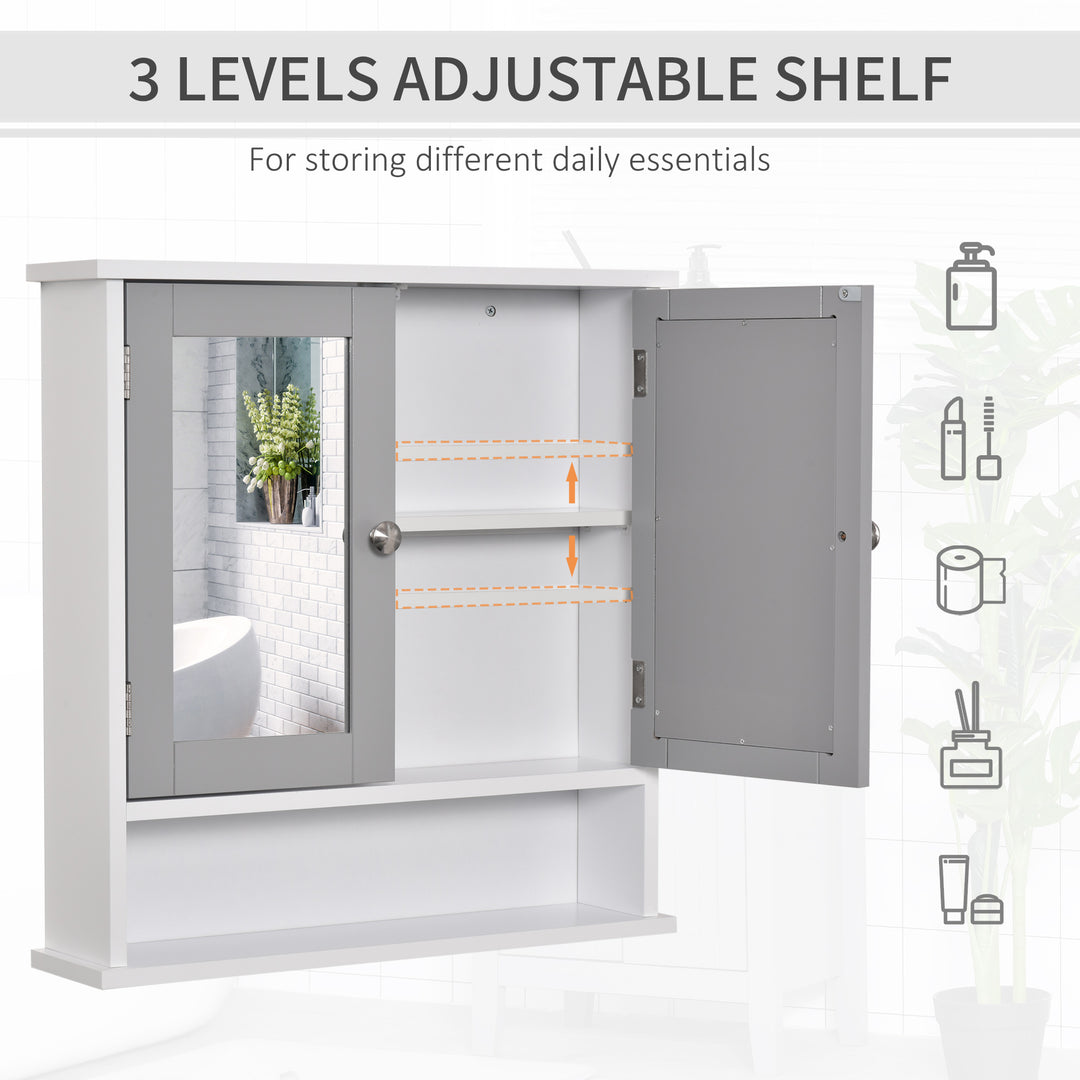 Kleankin Wall Mounted Bathroom Cabinet with Double Mirrored Doors, Storage Organiser and Shelf, Grey | Aosom UK