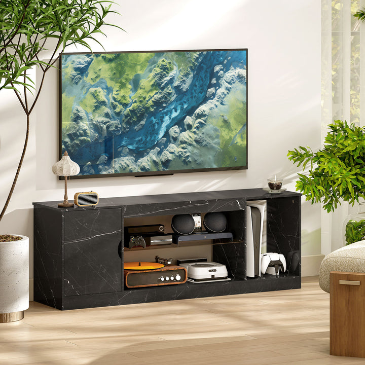 TV Stand Cabinet, Marble Effect TV Unit for up to 55" TVs with Glass Shelf and Storage Cabinet, Entertainment Unit for Living Room, Bedroom, Black