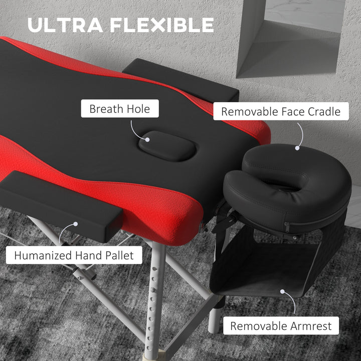 Foldable Massage Bed Portable Table, 3-Section Aluminium Foldable Beauty Couch, Professional Salon Spa Table with Headrest Support and Carry Bag, 60 cm Width, Black and Red