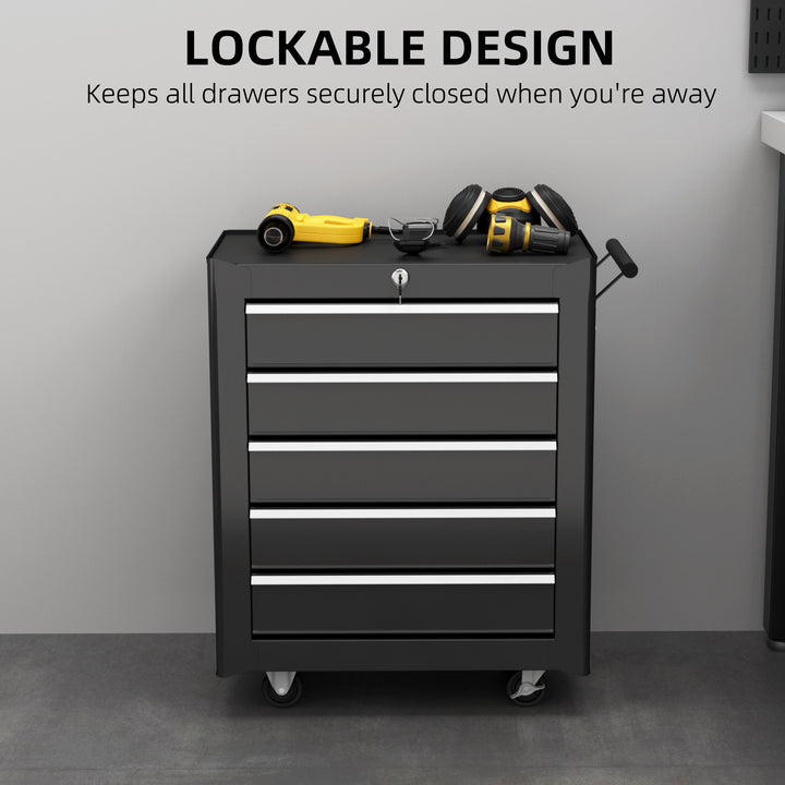 5-Drawer Tool Chest with Wheels, Steel Lockable Tool Storage Cabinet with Handle, 2 Keys for Garage, Workshop, Black