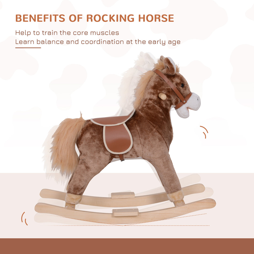 Kids Children Plush Rocking Horse Wooden Base Ride On Toy Rocker with Handle Grip Traditional Toy Fun Gift for Age 3+ (Brown & White)
