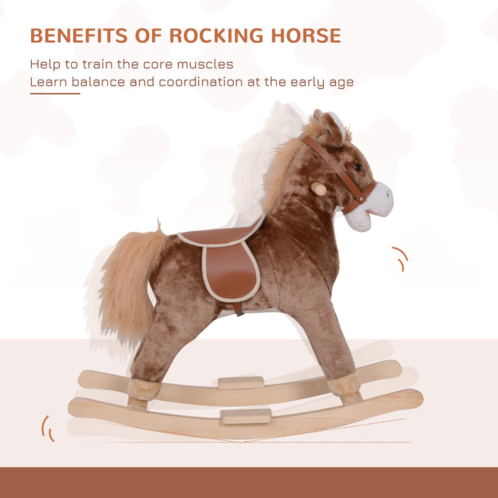 Kids Children Plush Rocking Horse Wooden Base Ride On Toy Rocker with Handle Grip Traditional Toy Fun Gift for Age 3+ (Brown & White)