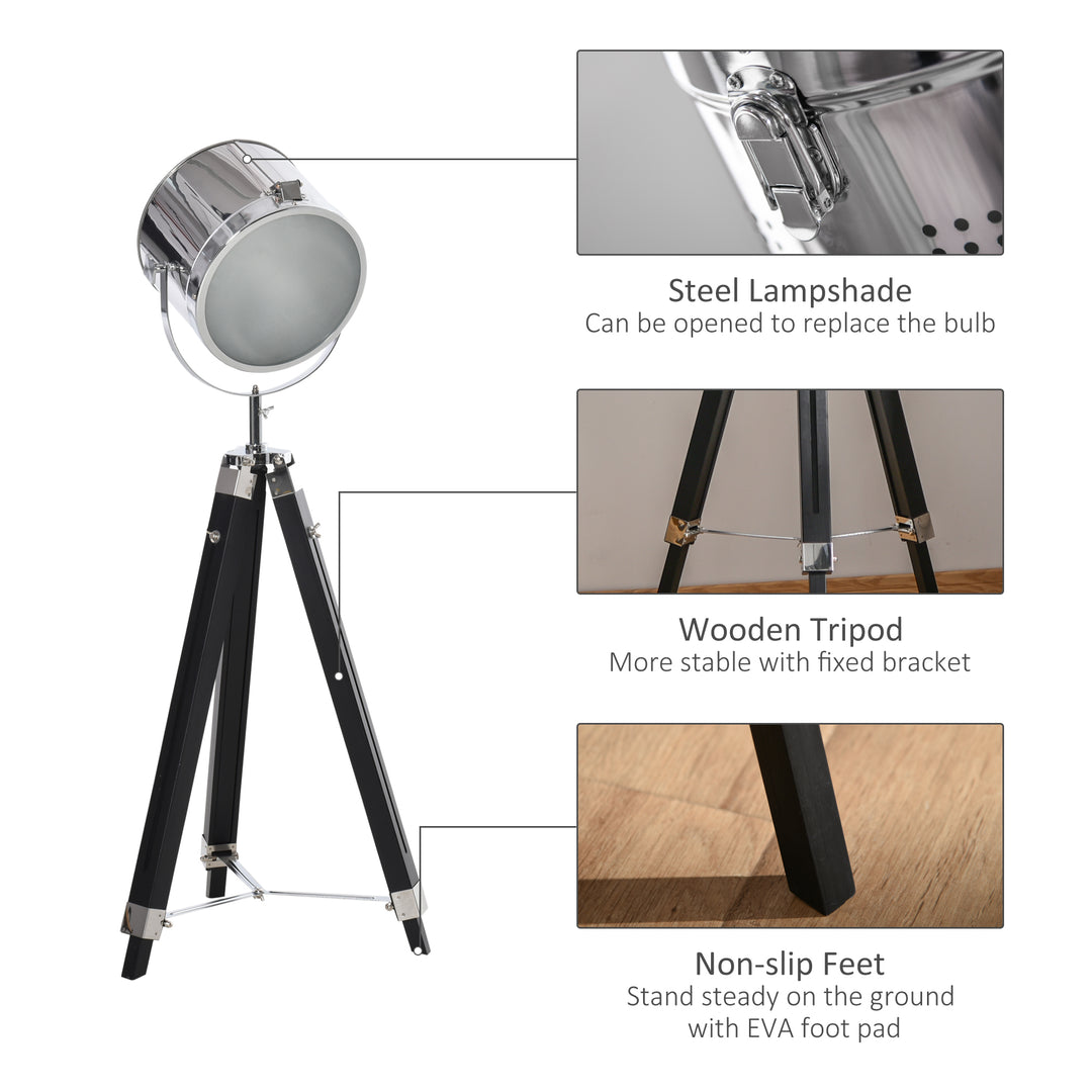 HOMCOM Industrial Style Adjustable Tripod Floor Lamp, Searchlight Lamp with Wooden Legs and Steel Lampshade, 110