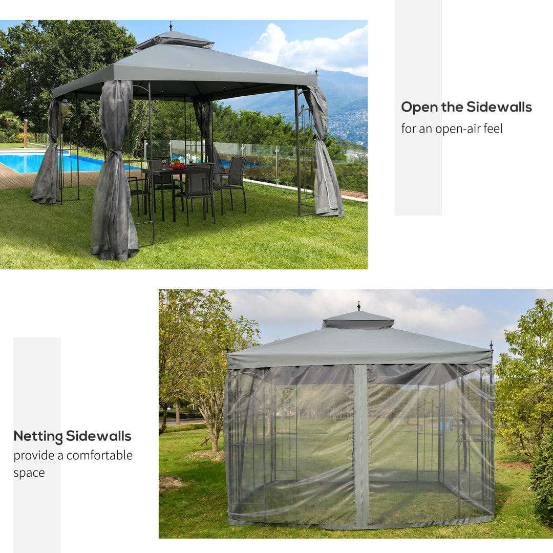 3(M)x3(M) Garden Gazebo Double Top Outdoor Canopy Patio Event Party Wedding Tent Backyard Sun Shade with Netting - Grey