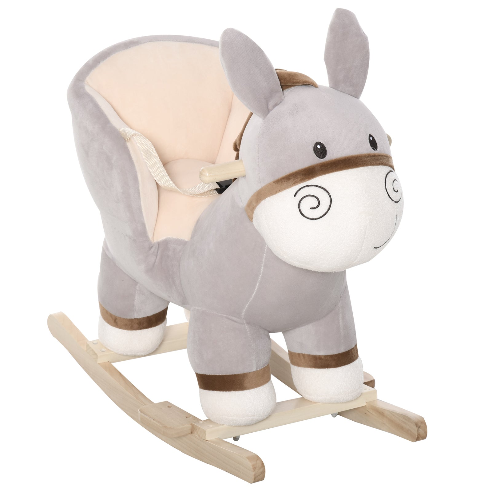 Kids Children Rocking Horse Plush Ride On Donkey Seat w/ Sound Wood Base Seat Safety Belt Toddler Baby Toy Rocker Grey 18 - 36 Months