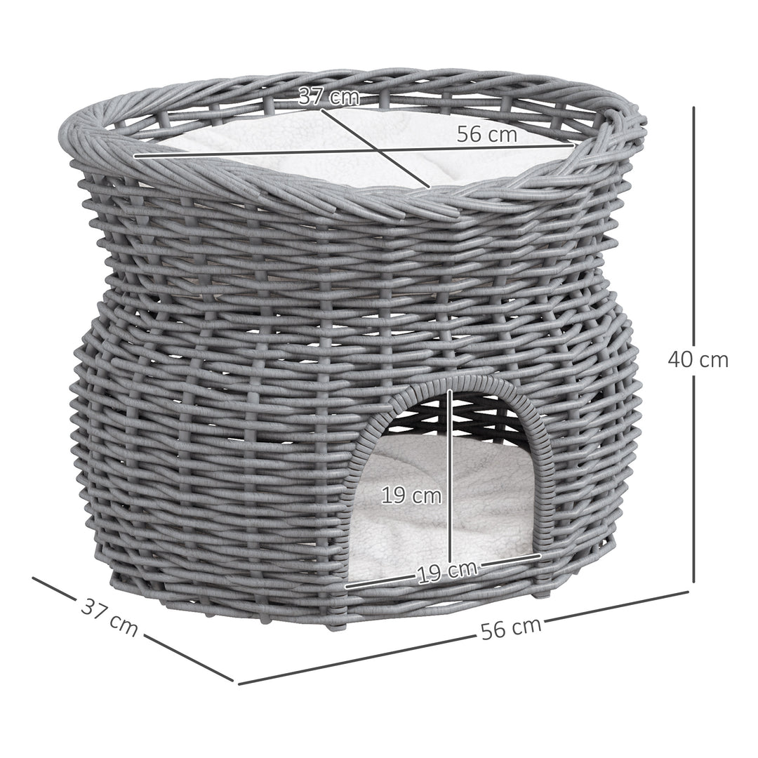 2-Tier Wicker Cat House Elevated Pet Bed Basket Willow Kitten Tower Pet Den. with Washable Cushions 56x37x40cm Grey