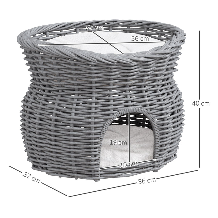 2-Tier Wicker Cat House Elevated Pet Bed Basket Willow Kitten Tower Pet Den. with Washable Cushions 56x37x40cm Grey