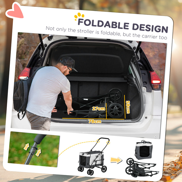 Foldable Dog Stroller, Pet Travel Crate, with Detachable Carrier, Soft Padding, for Mini, Small Dogs - Grey