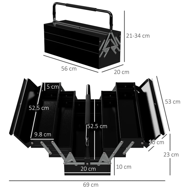 DURHAND Professional Metal Toolbox, 3 Tier, 5 Tray, Portable with Carry Handle, 56cmx20cmx34cm, Black | Aosom UK