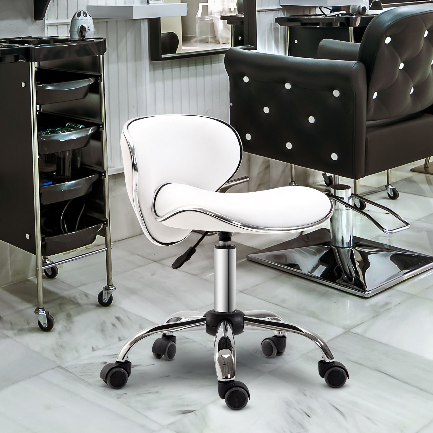 Adjustable Rolling Swivel Beauty Salon Chair, Stool for Spa, Technician - White