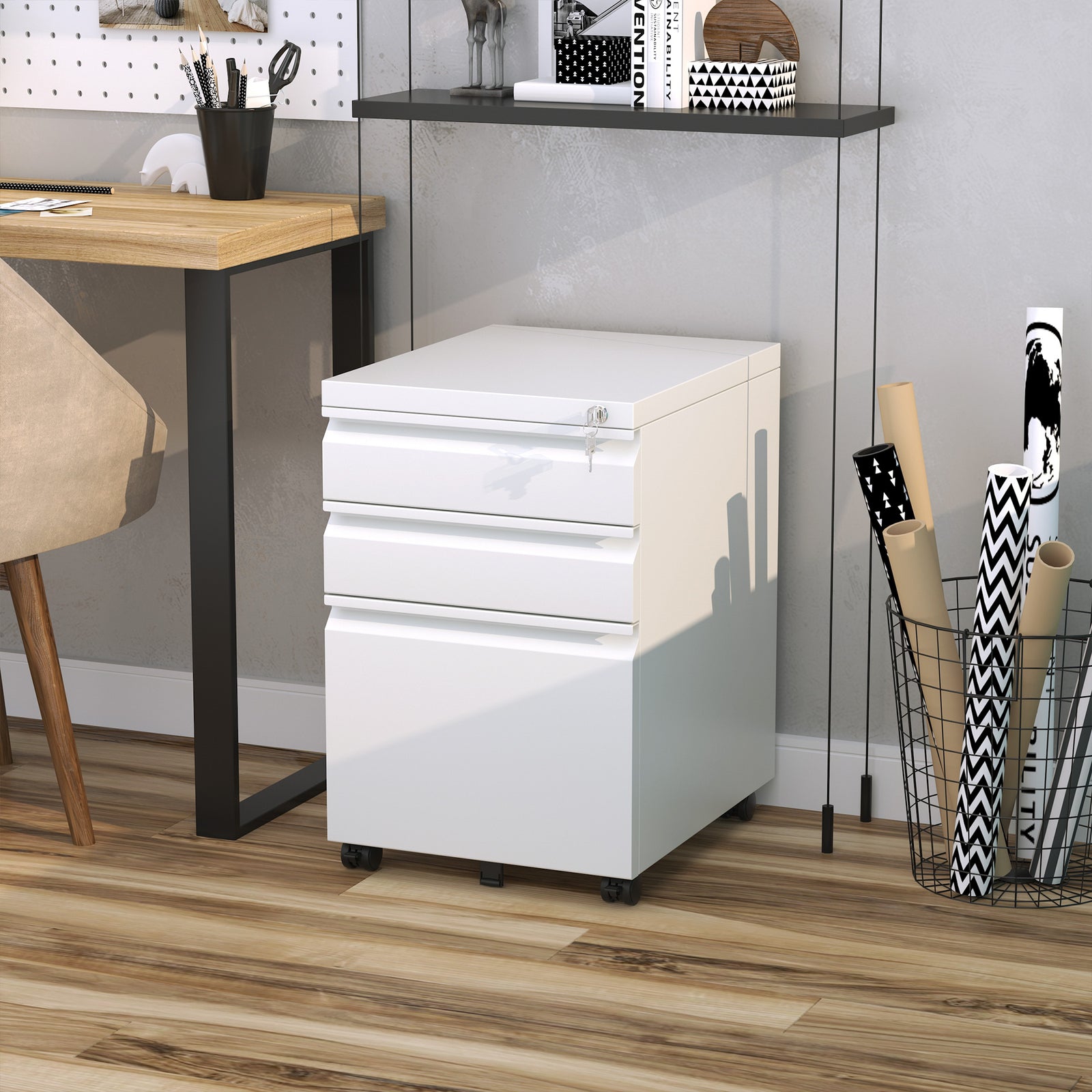 3 Drawer Filling Cabinet, Mobile Metal File Cabinet with Anti-tilt Design for Letter, A4, Legal Size, White