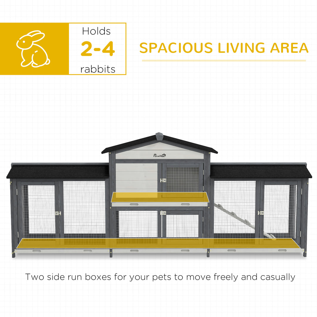 2-Tier Large Rabbit Hutch Outdoor with Double Side Run Boxes, No-leak Plastic Tray, Ramp, 230 x 53 x 93.5cm, Light Grey