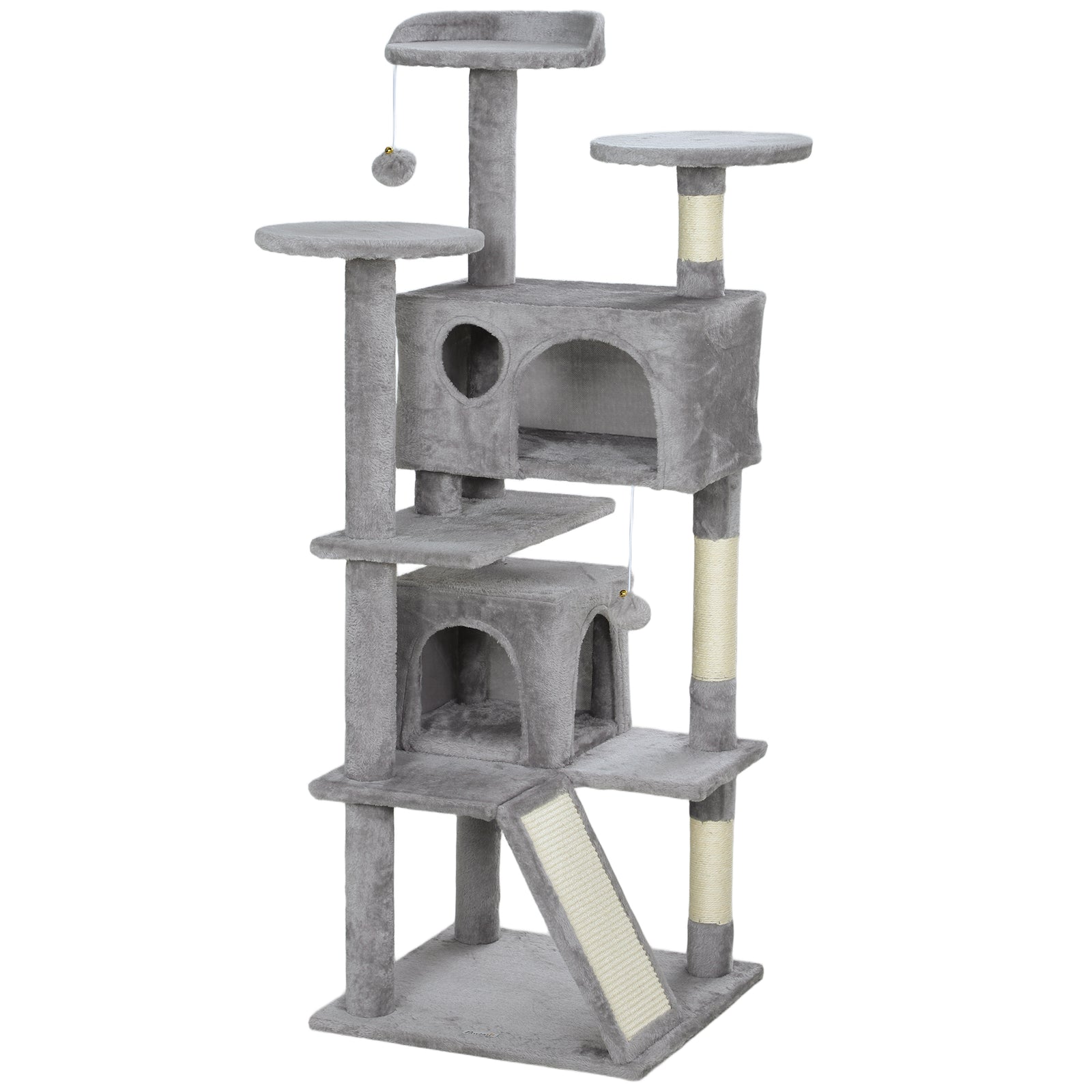 138cm Cat Tree, Multi-Level Cat Tower with Scratching Posts and Pad, Bed, Condos, Platforms, Toy Balls, Light Grey