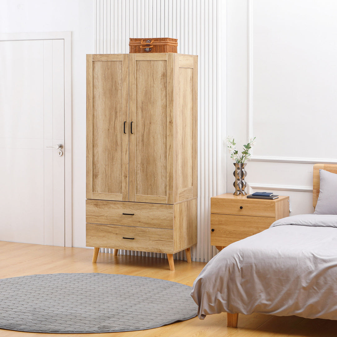 HOMCOM 2 Door Wardrobe, Modern Wardrobe with 2 Drawer and Hanging Rail for Bedroom, Natural