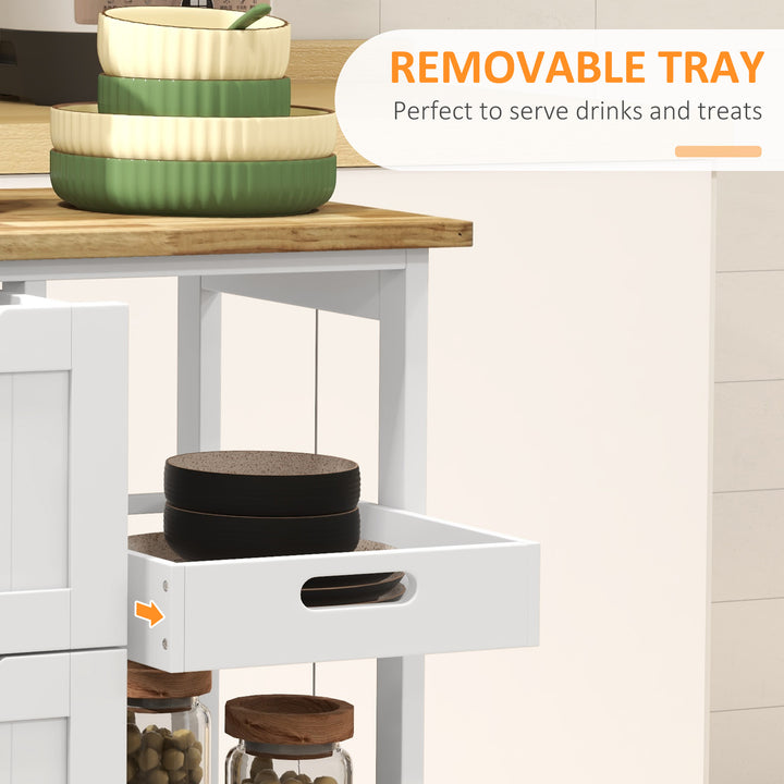 Rolling Kitchen Island Cart, Bar Serving Cart, Compact Trolley on Wheels with Wood Top, Shelves & Drawers for Home Dining Area, White