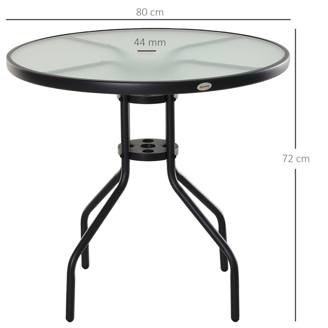 80 cm Round Garden Dining Table with Parasol Hole for 4, Outdoor Coffee Bistro End Side Table with Tempered Glass Top and Steel Frame for Patio, Porch, Black