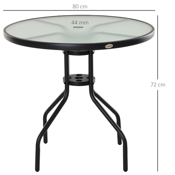 80 cm Round Garden Dining Table with Parasol Hole for 4, Outdoor Coffee Bistro End Side Table with Tempered Glass Top and Steel Frame for Patio, Porch, Black