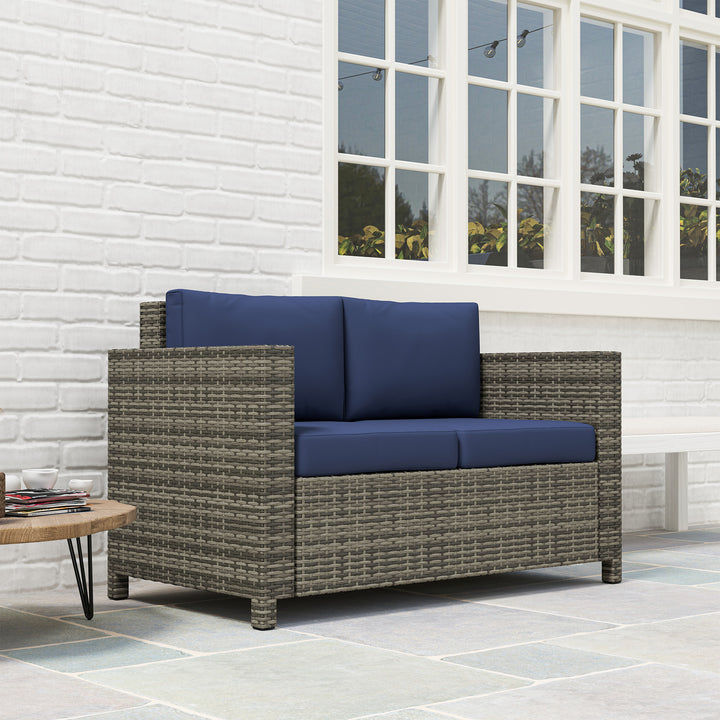 Rattan Sofa, 2 Seater Garden Furniture with Soft Padded Cushion and Armrests, Wicker Garden Loveseat for Patio, Navy Blue