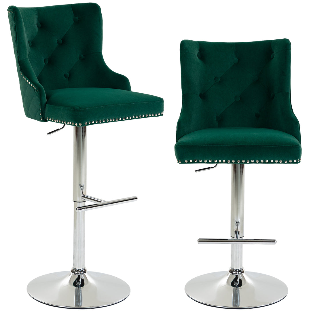 Bar Stools Set of 2, Modern Swivel &amp; Adjustable Velvet Barstools with Button Tufted Back, Footrest, Nailhead Trim for Home Bar - Green