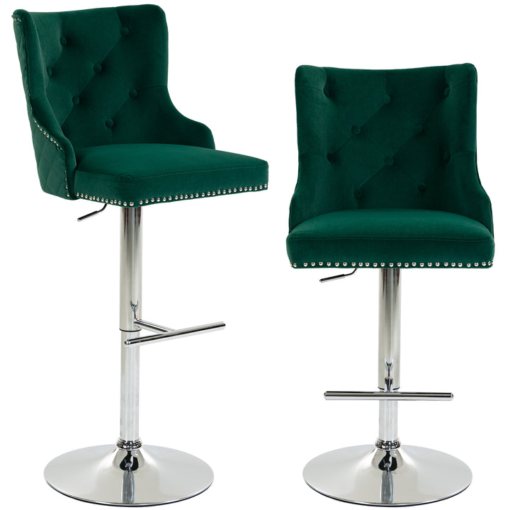 Bar Stools Set of 2, Modern Swivel &amp; Adjustable Velvet Barstools with Button Tufted Back, Footrest, Nailhead Trim for Home Bar - Green