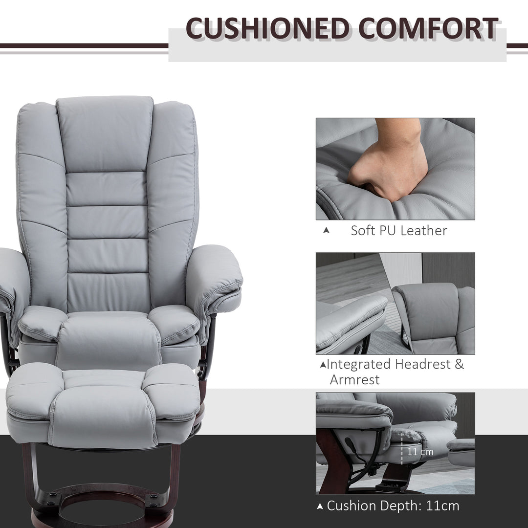 HOMCOM Recliner Chair With footstool, Recliner Armchair up to 130kg Weight Capacity, 135° Reclining Swivel Sofa Chair, PU Leather Ergonomic Couch Bed with Swivel Wood Base for Living Room, Grey