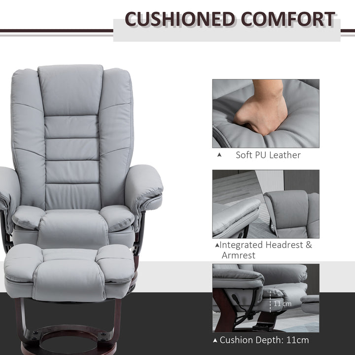 HOMCOM Recliner Chair With footstool, Recliner Armchair up to 130kg Weight Capacity, 135° Reclining Swivel Sofa Chair, PU Leather Ergonomic Couch Bed with Swivel Wood Base for Living Room, Grey